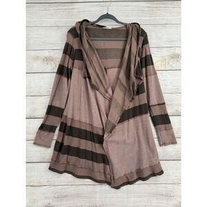 Allen Allen‎ Cardigan Women Small Brown Striped Waffle Knit Hooded Open Front